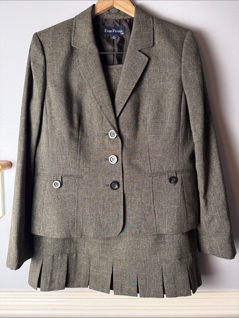 Evan Picone Olive Green Tweed Blazer Jacket and Skirt